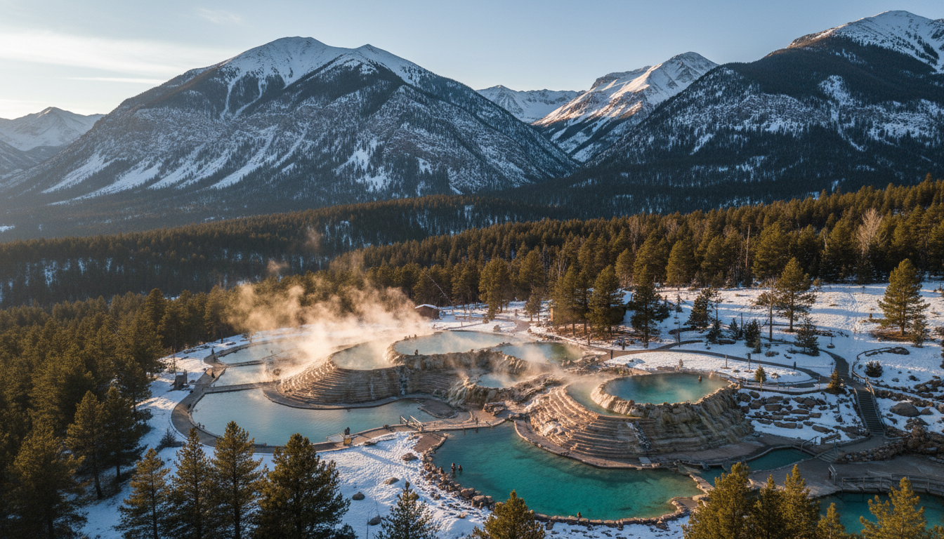 Natural hot springs pools in the Colorado Rocky Mountains with steam rising and snow-capped peaks