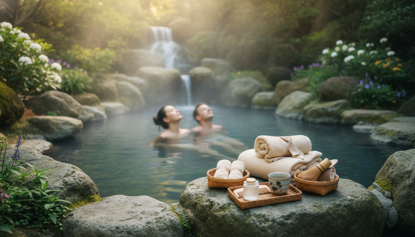 Peaceful hot spring setting with proper etiquette signage and natural surroundings