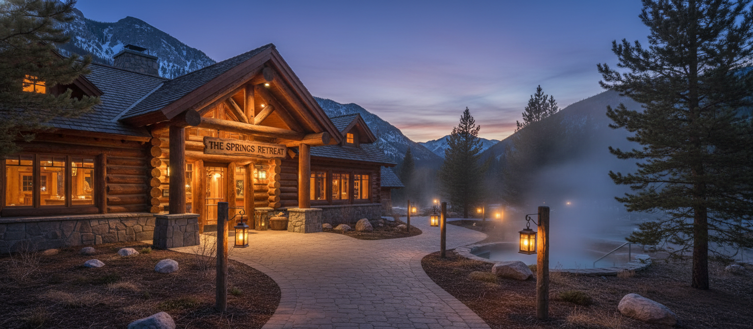 Welcoming rustic hot spring lodge entrance with warm lighting at twilight